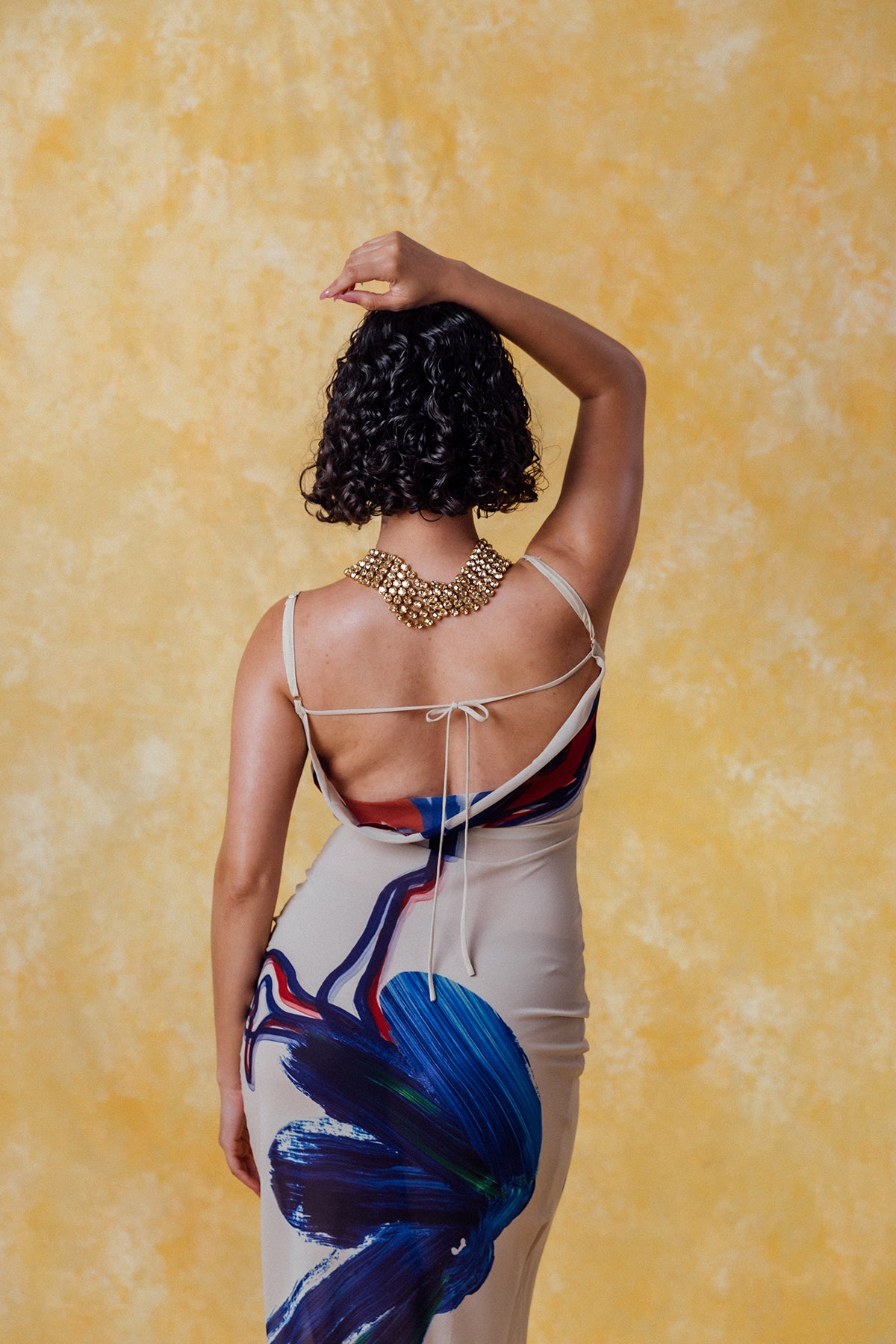 Lilla Cowl Neck Backless Silky Printed Dress