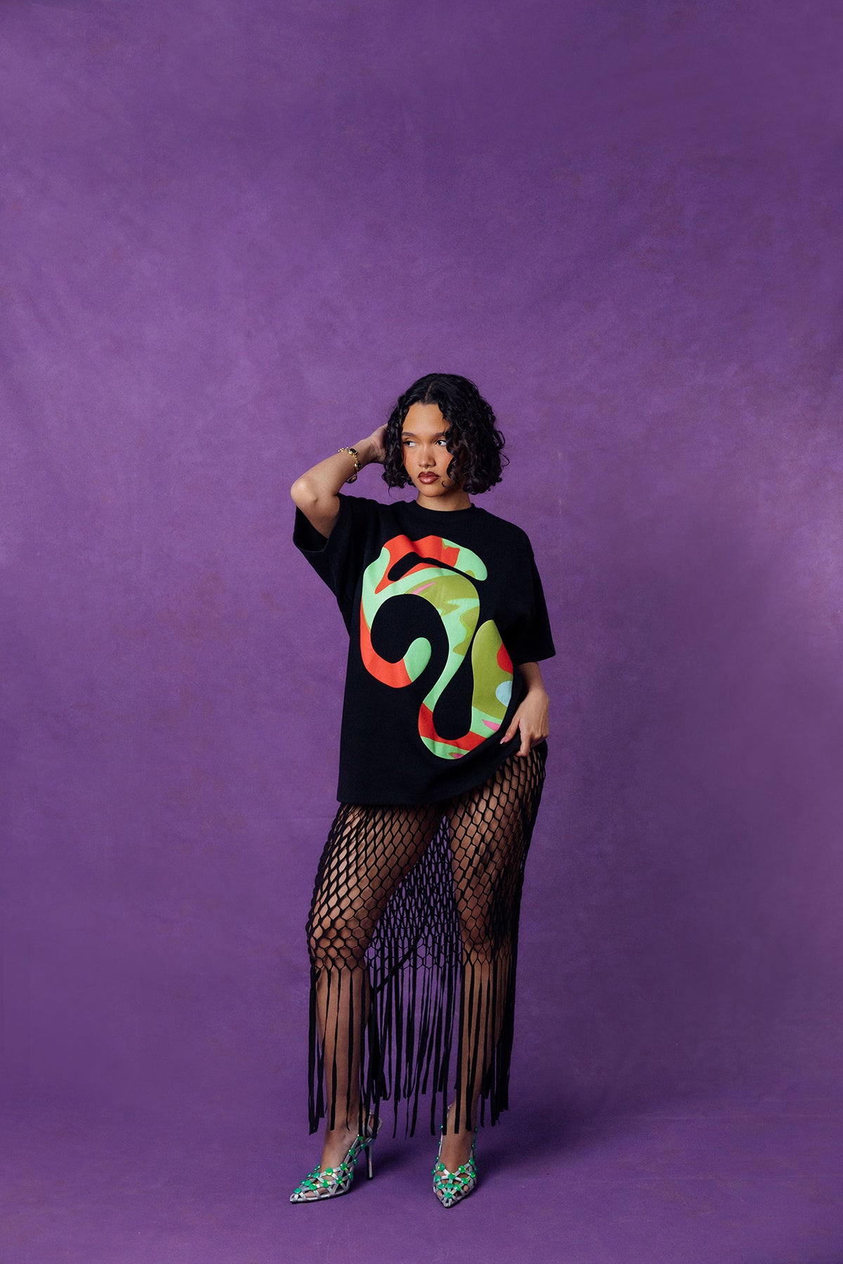 Kaili Oversized Cotton Logo Printed T-Shirt - Black