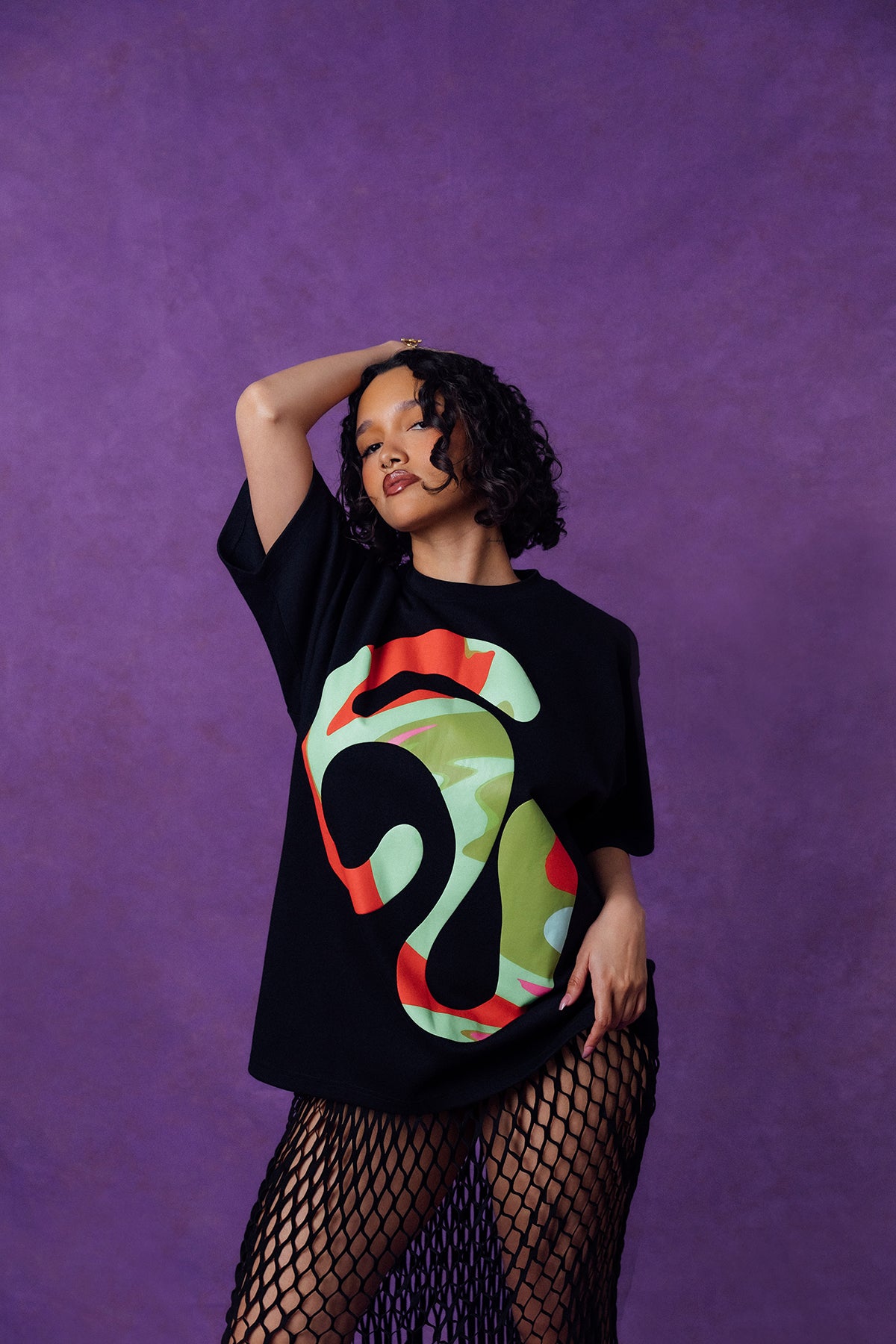 Kaili Oversized Cotton Logo Printed T-Shirt - Black