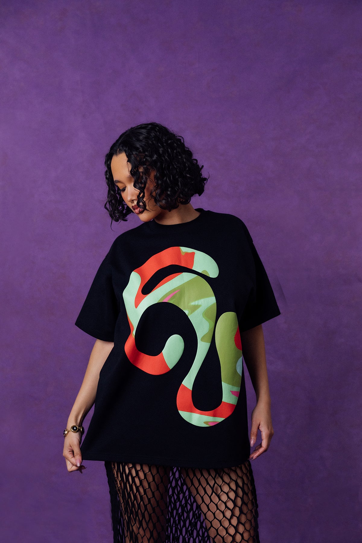 Kaili Oversized Cotton Logo Printed T-Shirt - Black