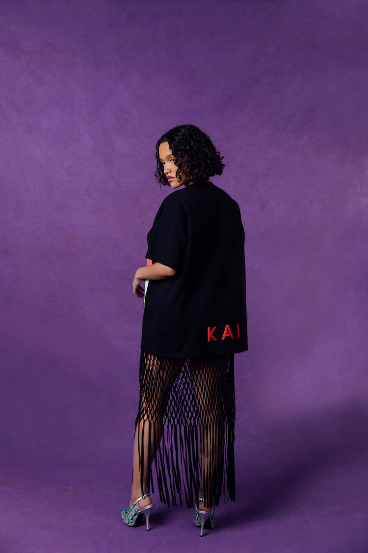 Kaili Oversized Cotton Logo Printed T-Shirt - Black