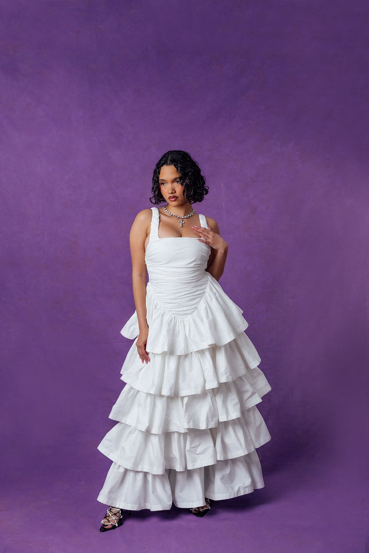 Colette Ruched Ruffle Cotton Layered Dress - White