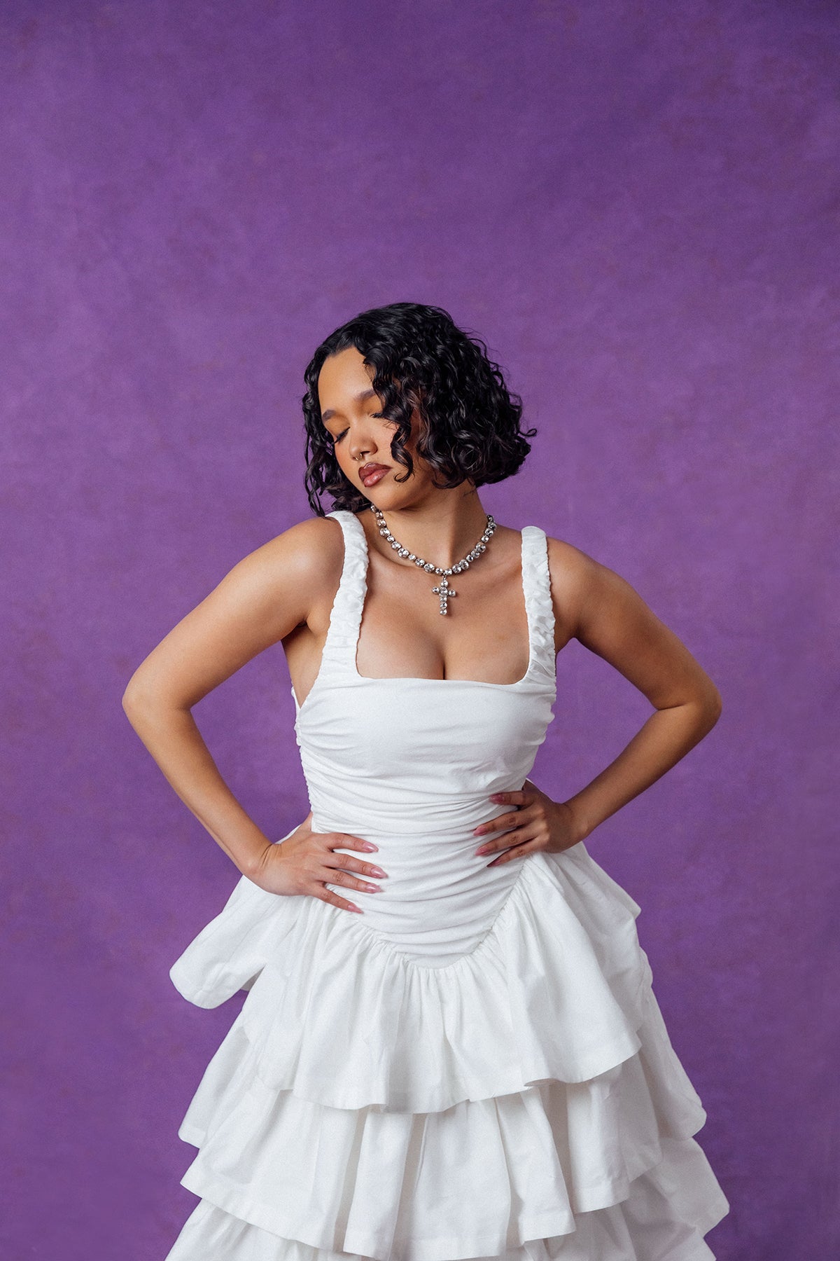 Colette Ruched Ruffle Cotton Layered Dress - White