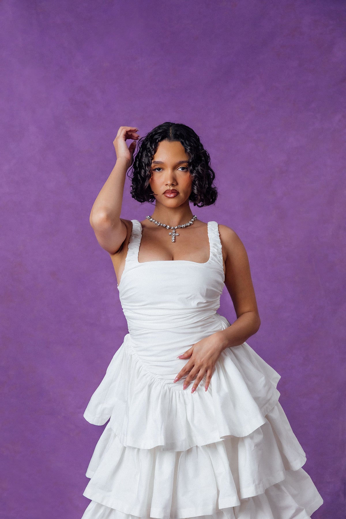 Colette Ruched Ruffle Cotton Layered Dress - White