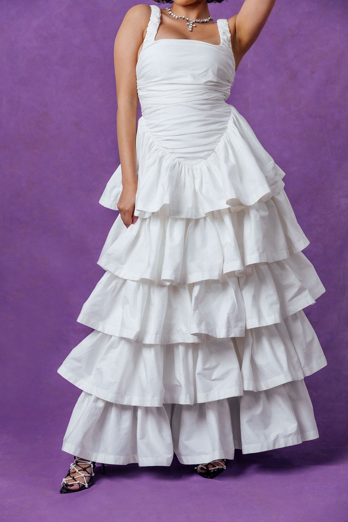 Colette Ruched Ruffle Cotton Layered Dress - White