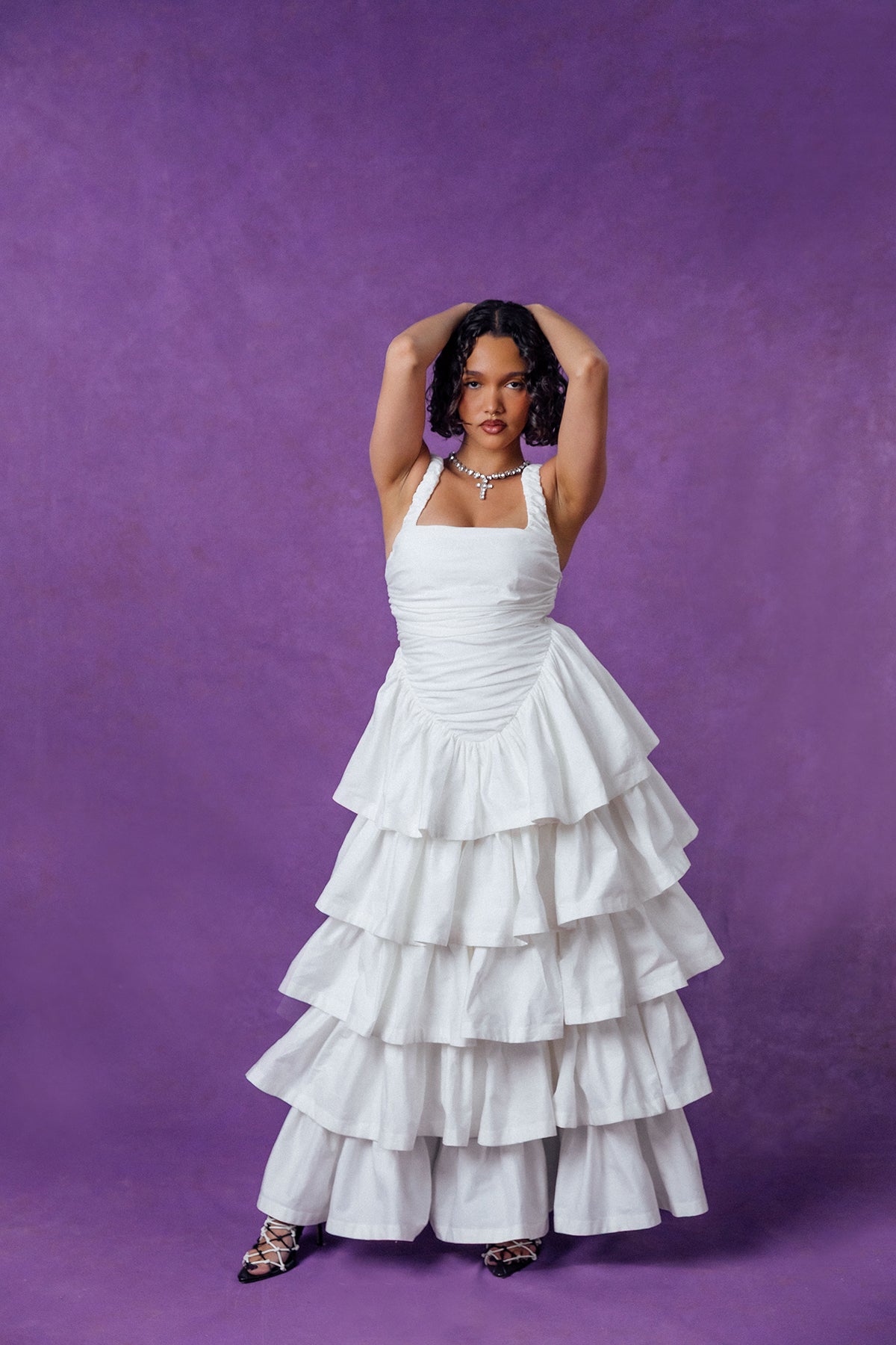 Colette Ruched Ruffle Cotton Layered Dress - White