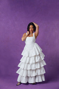 Colette Ruched Ruffle Cotton Layered Dress - White