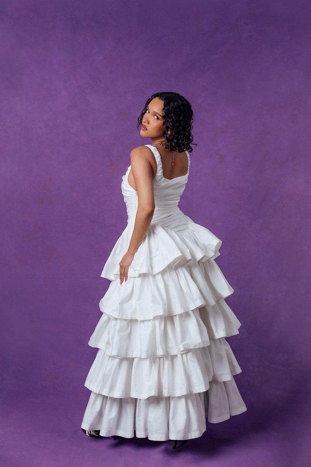 Colette Ruched Ruffle Cotton Layered Dress - White