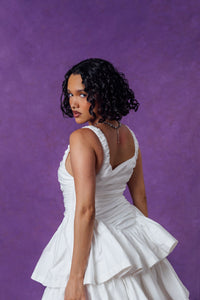 Colette Ruched Ruffle Cotton Layered Dress - White