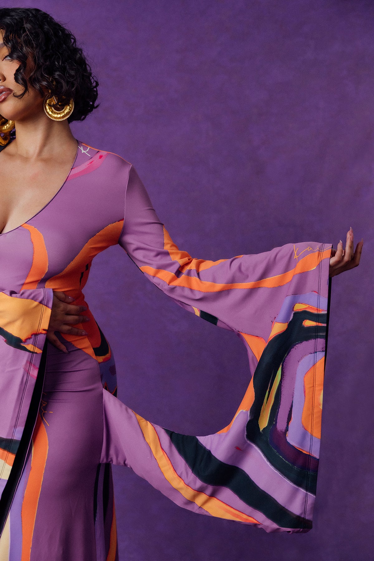 Isola Plunge Abstract Print Flared Drape Sleeve Dress