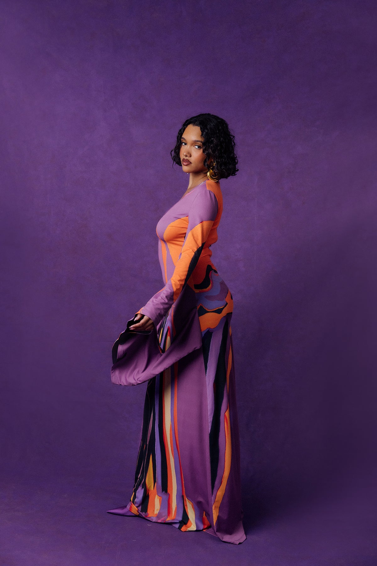 Isola Plunge Abstract Print Flared Drape Sleeve Dress