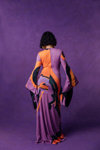 Isola Plunge Abstract Print Flared Drape Sleeve Dress