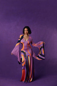 Isola Plunge Abstract Print Flared Drape Sleeve Dress