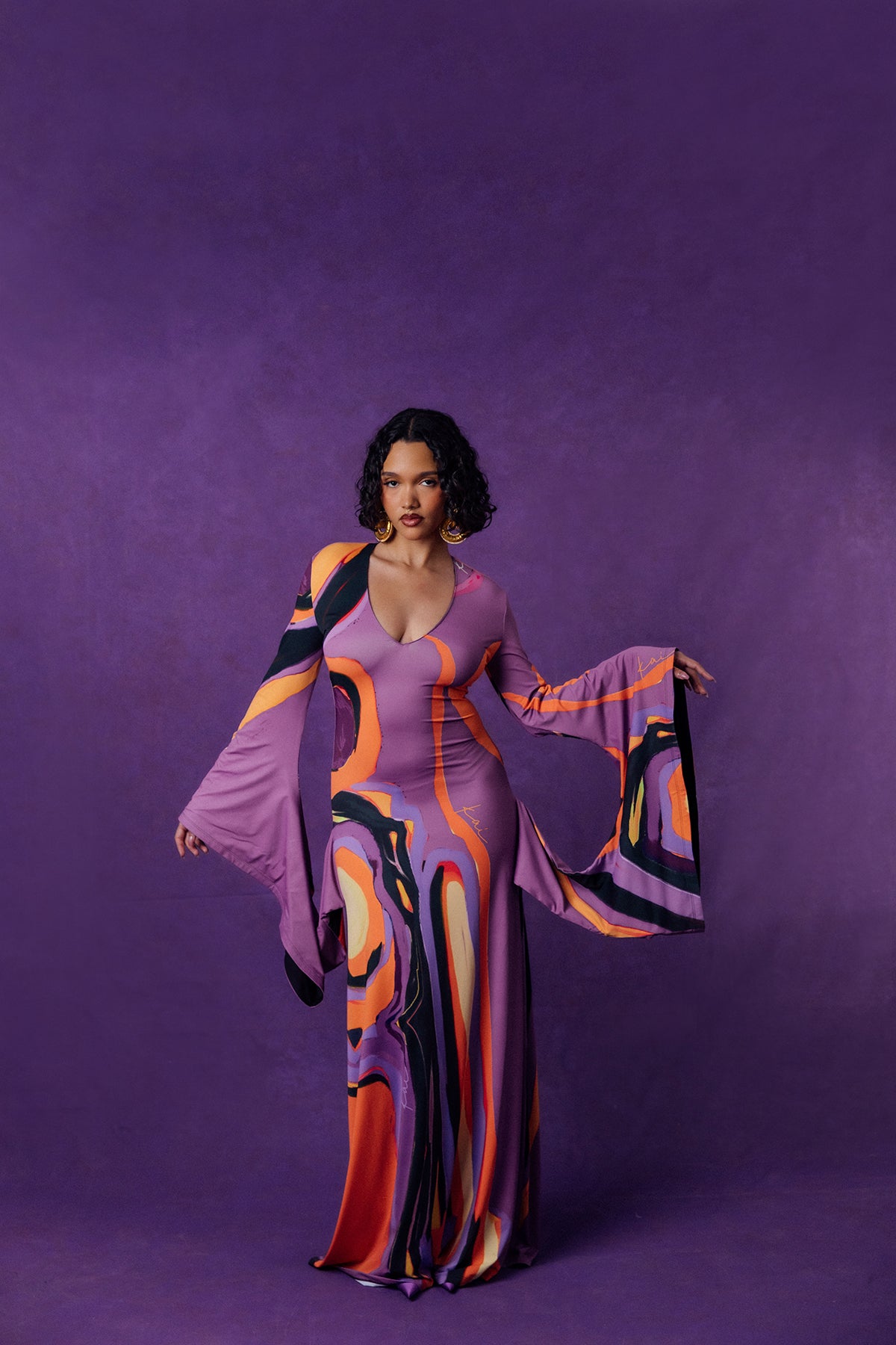 Isola Plunge Abstract Print Flared Drape Sleeve Dress