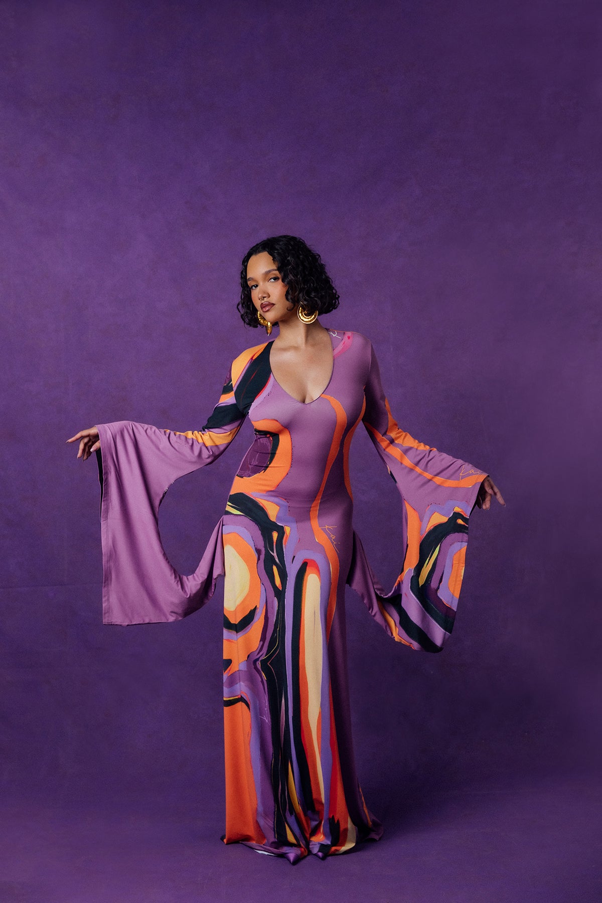 Isola Plunge Abstract Print Flared Drape Sleeve Dress