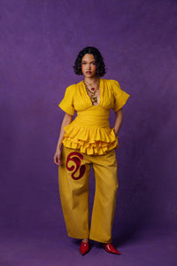 Rina Plunge Ruched Layered Ruffle Cotton Top - Yellow