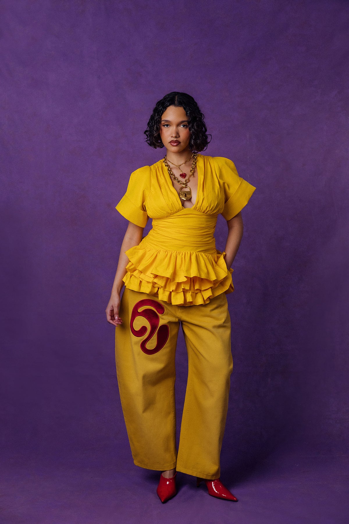 Rina Plunge Ruched Layered Ruffle Cotton Top - Yellow