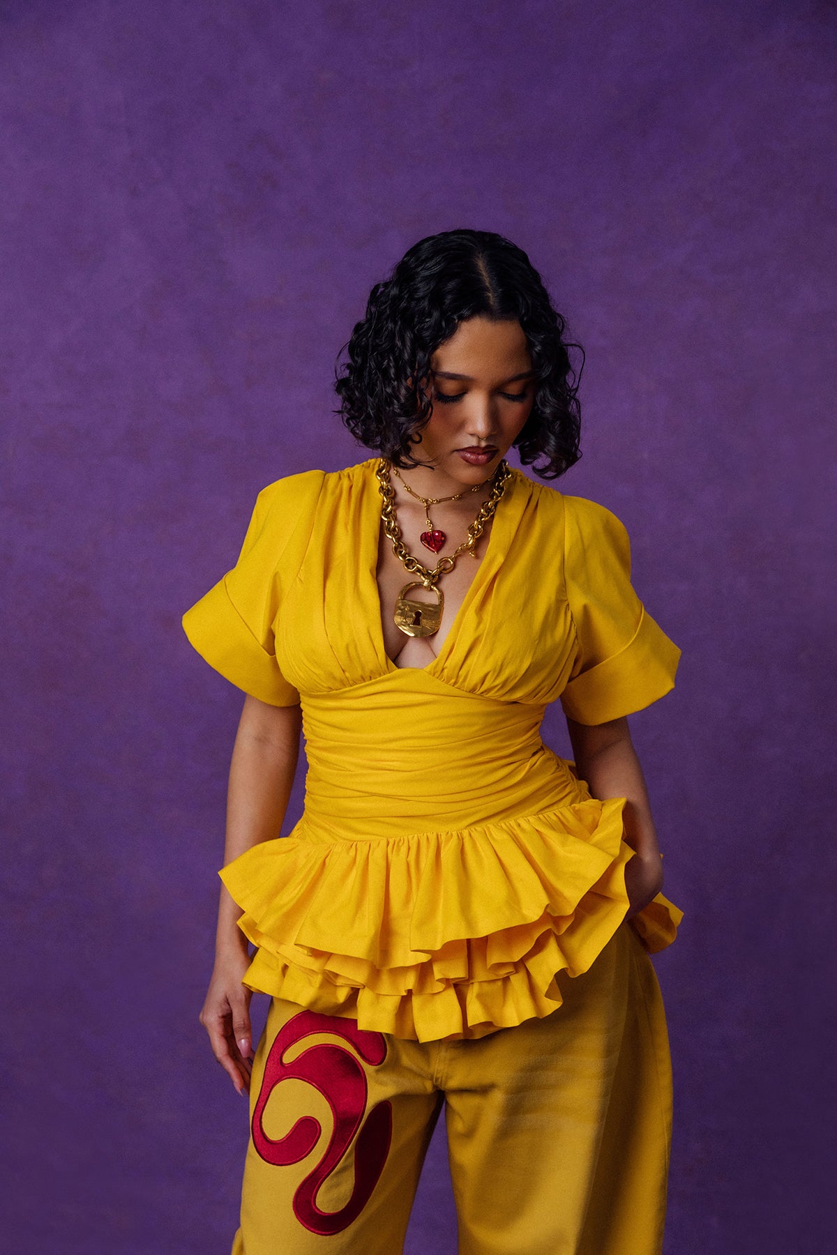 Rina Plunge Ruched Layered Ruffle Cotton Top - Yellow