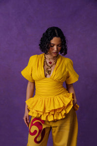 Rina Plunge Ruched Layered Ruffle Cotton Top - Yellow