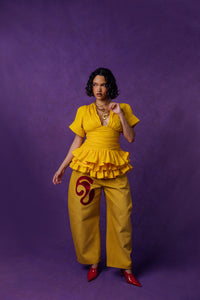 Rina Plunge Ruched Layered Ruffle Cotton Top - Yellow