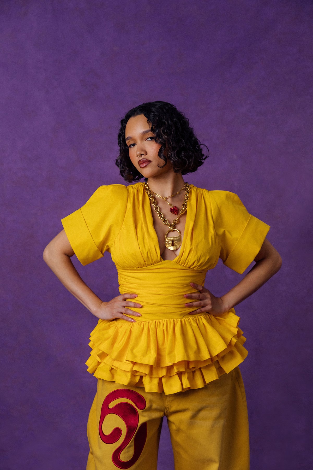 Rina Plunge Ruched Layered Ruffle Cotton Top - Yellow