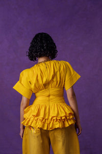 Rina Plunge Ruched Layered Ruffle Cotton Top - Yellow