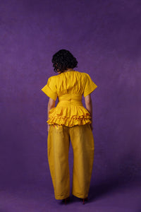 Rina Plunge Ruched Layered Ruffle Cotton Top - Yellow