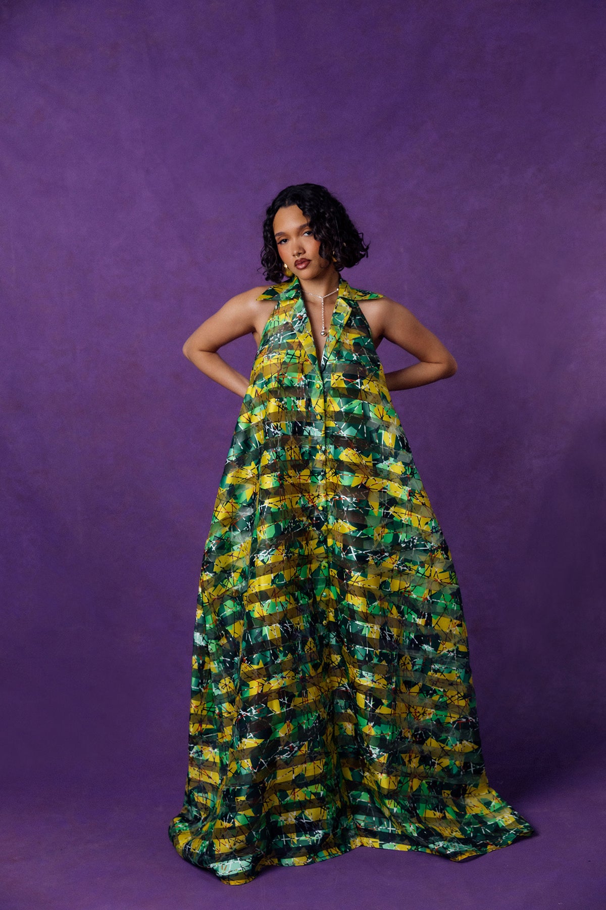 Naya Technical Organza Halter Low Back Shirt Dress - Green