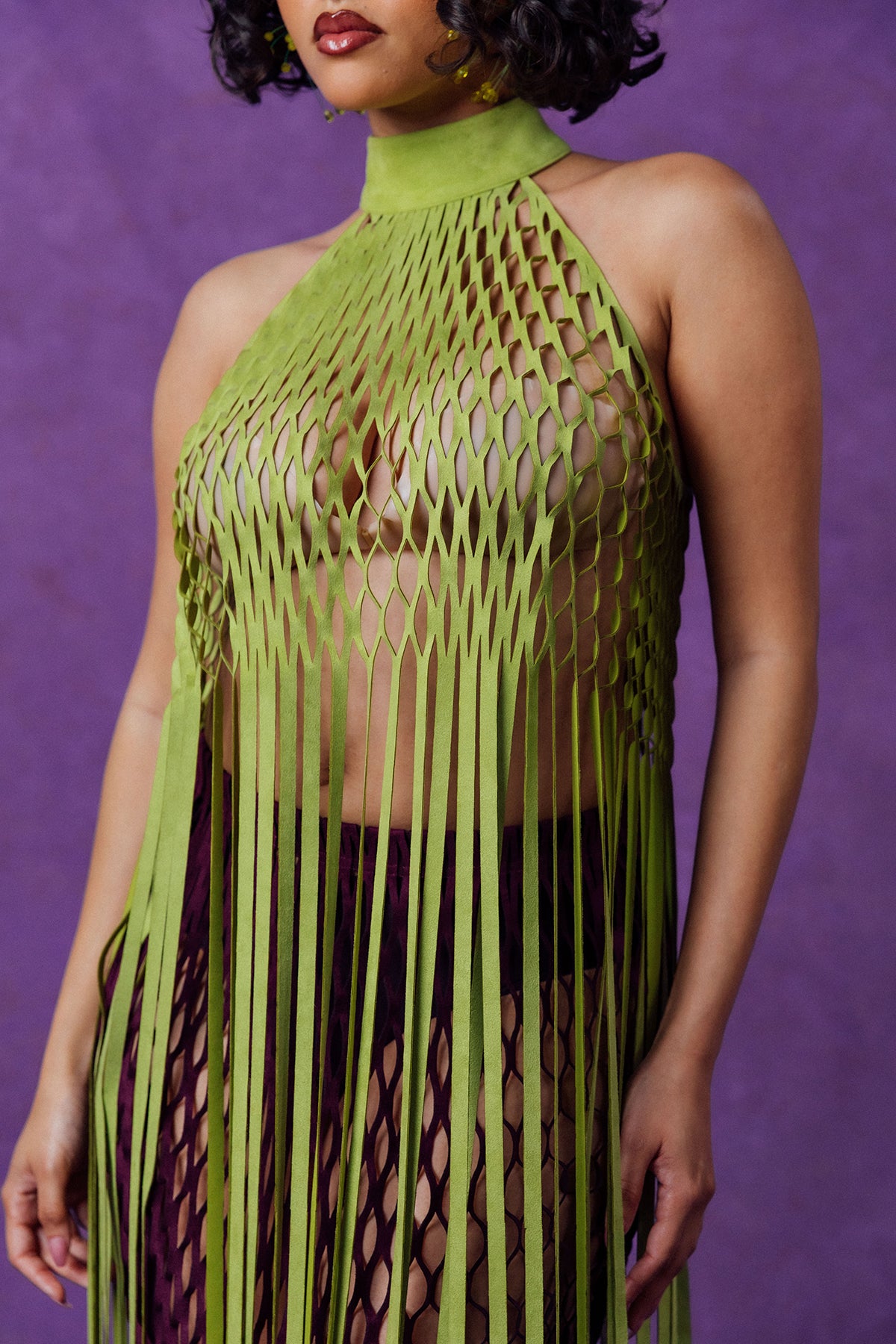 Yumi Faux Suede Laser Cut Top - Pear Green