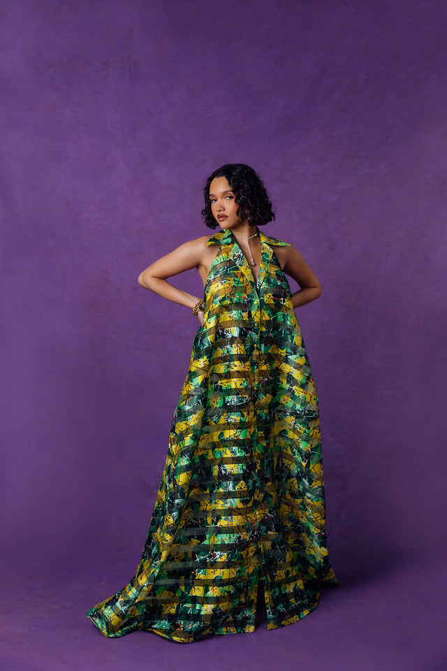 Naya Technical Organza Halter Low Back Shirt Dress - Green