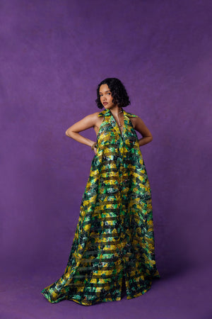 Naya Technical Organza Halter Low Back Shirt Dress - Green