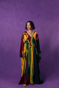 Rabi Abstract Printed Silky Kaftan - Burgundy