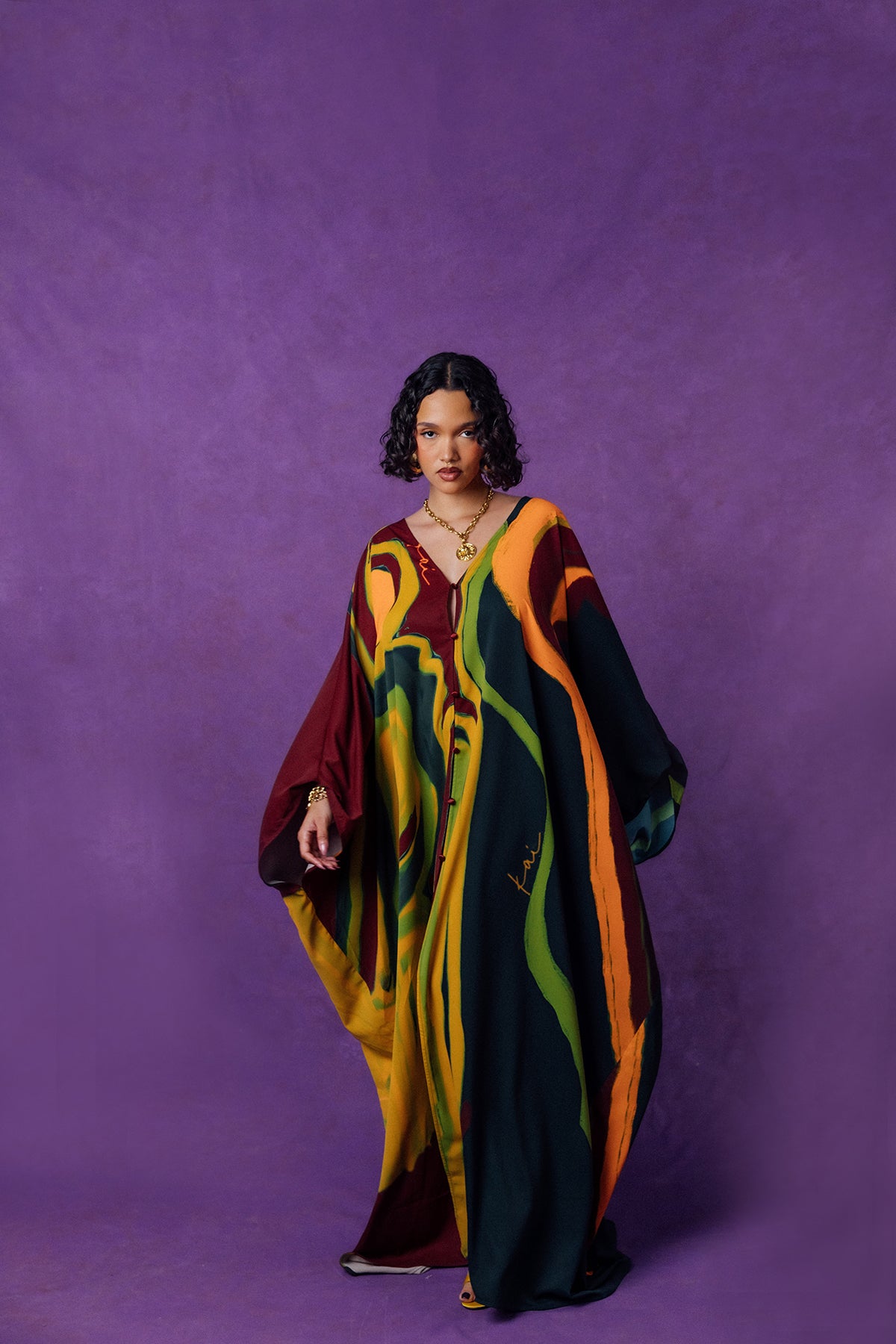 Rabi Abstract Printed Silky Kaftan - Burgundy