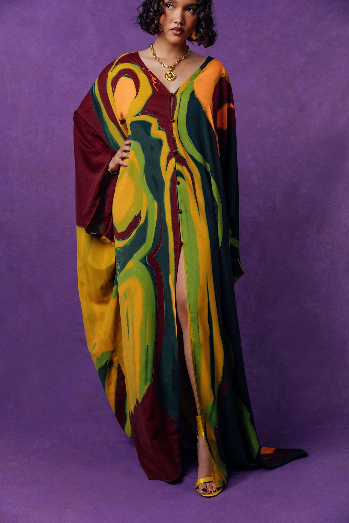 Rabi Abstract Printed Silky Kaftan - Burgundy