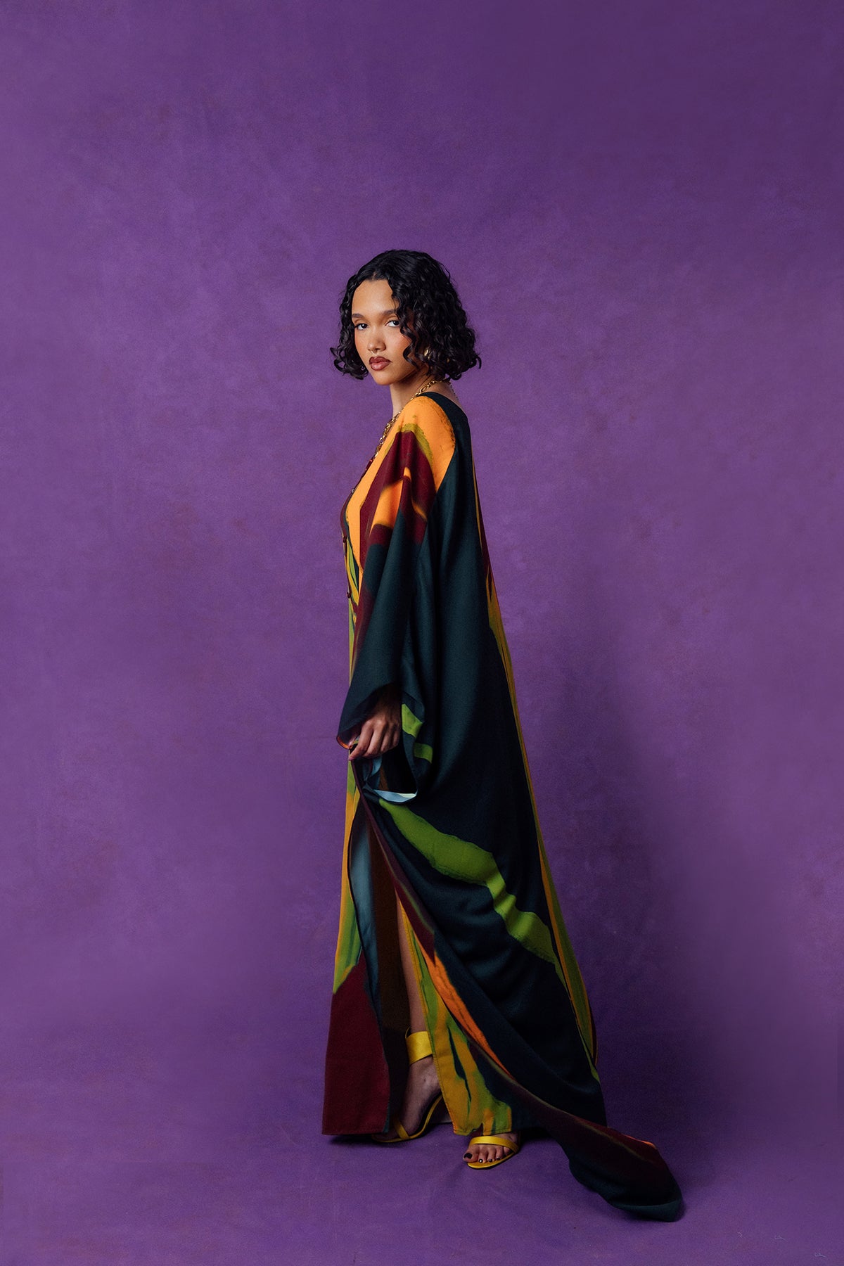 Rabi Abstract Printed Silky Kaftan - Burgundy