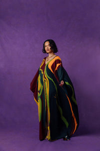 Rabi Abstract Printed Silky Kaftan - Burgundy