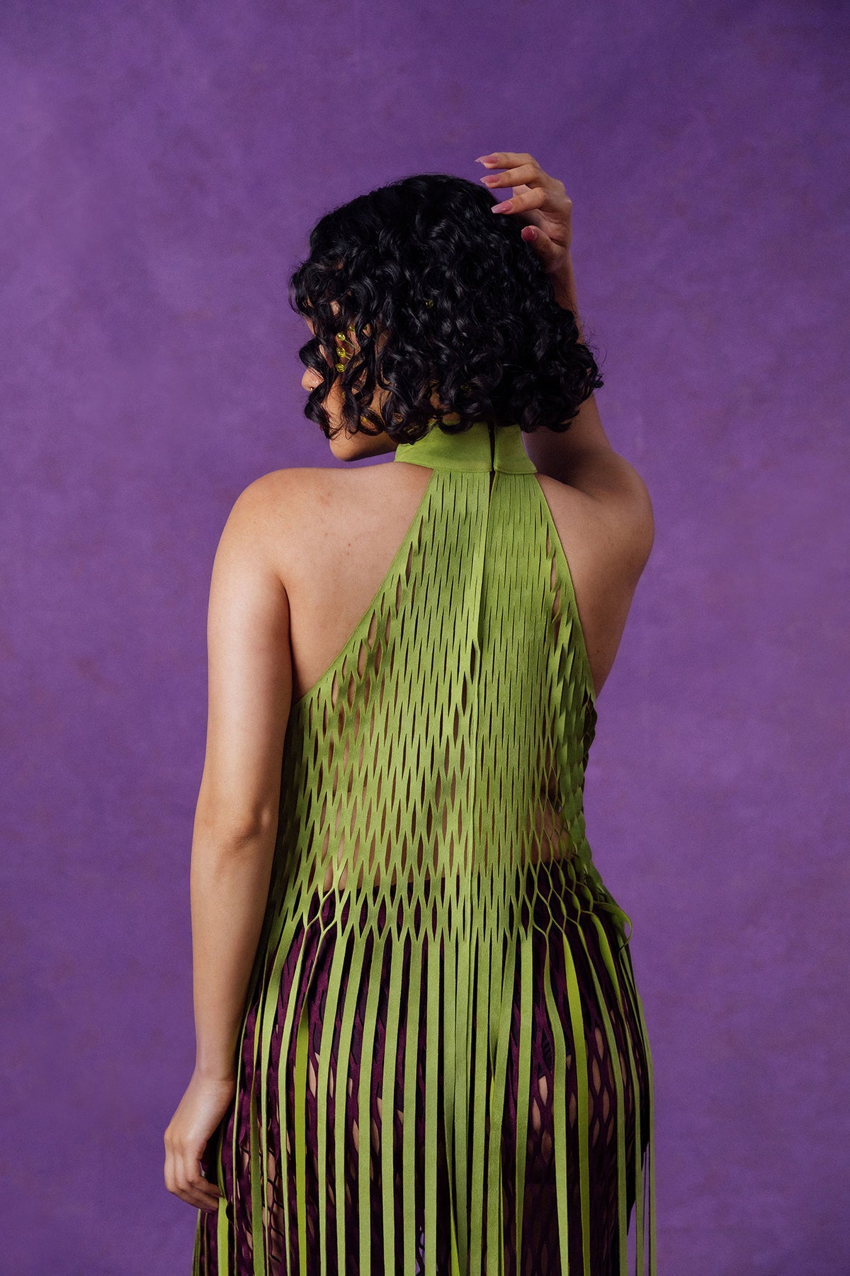 Yumi Faux Suede Laser Cut Top - Pear Green