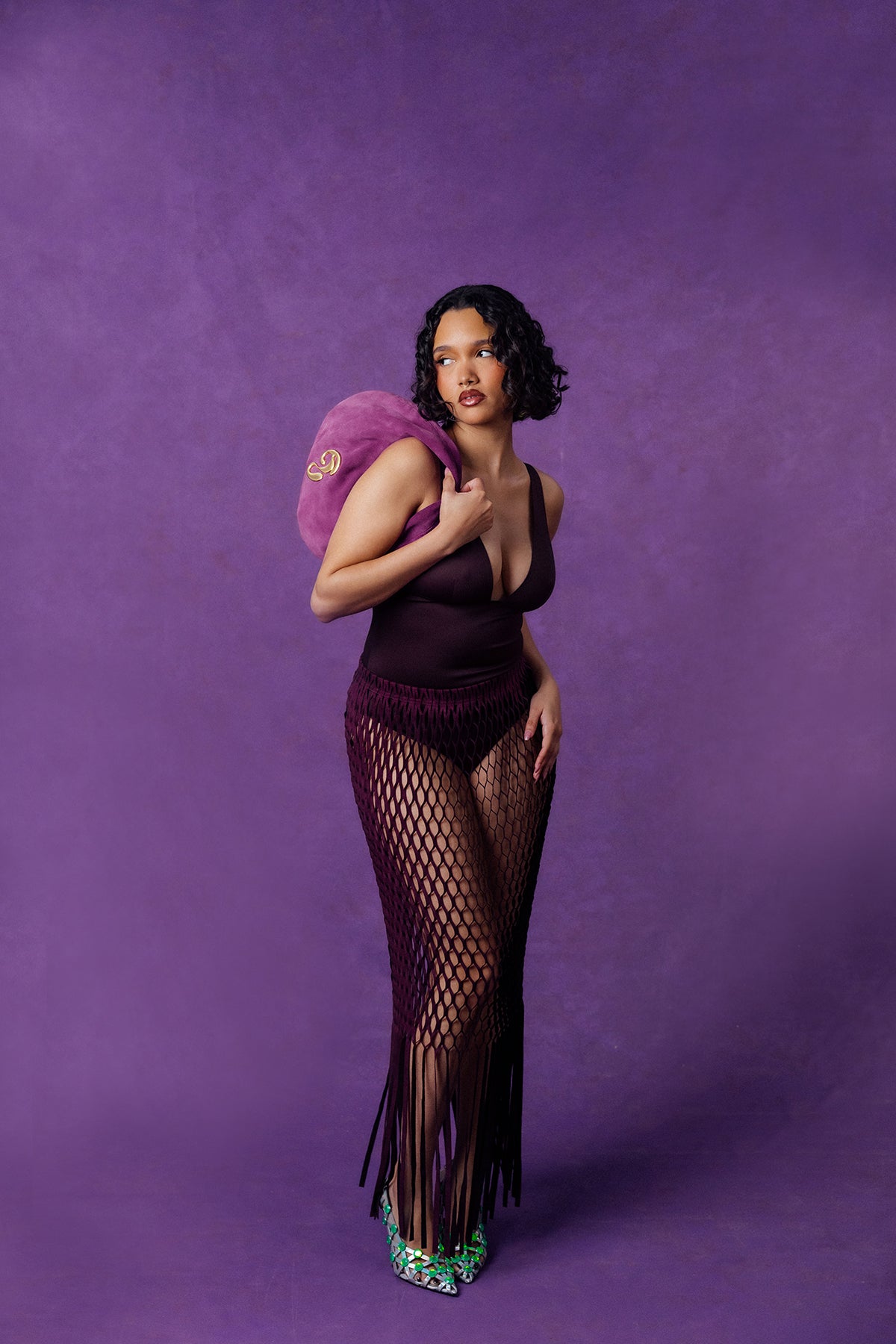 Yumi Faux Suede Laser Cut Skirt - Purple