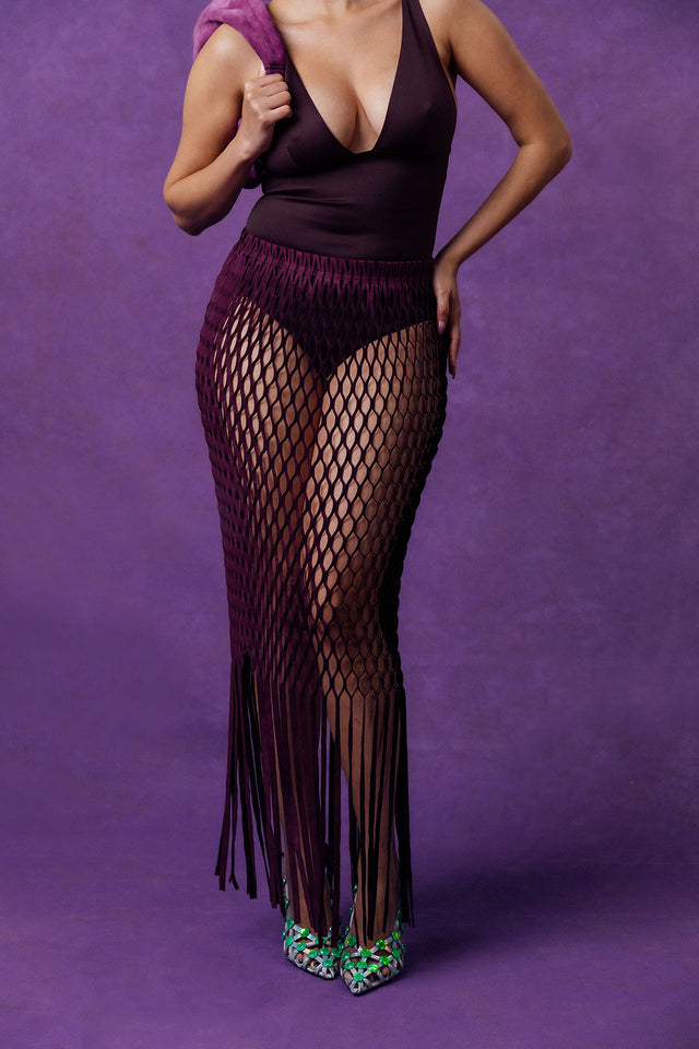 Yumi Faux Suede Laser Cut Skirt - Purple