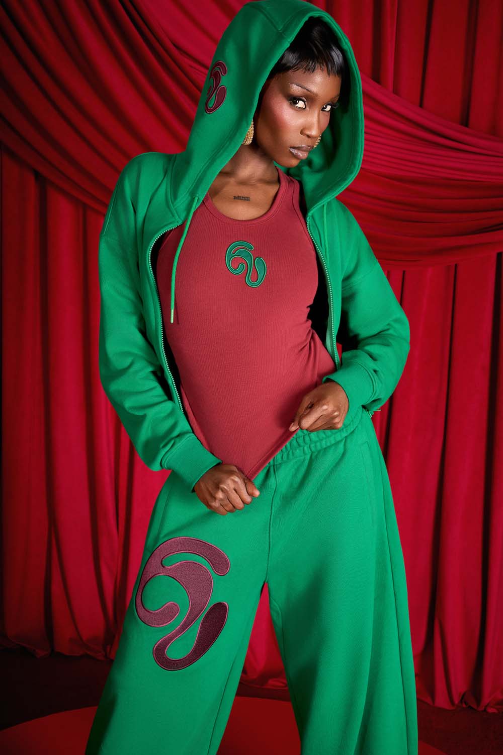 Kaia Logo Embroidered Cotton Zip Up Sweatshirt Cropped Hoodie - Viridian