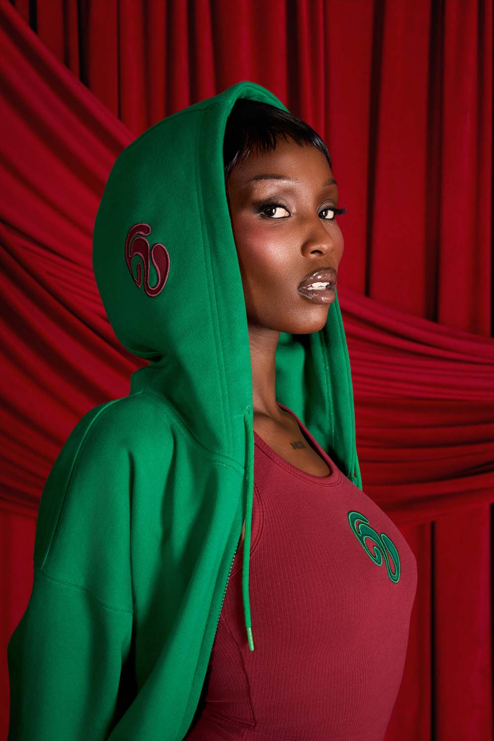 Kaia Logo Embroidered Cotton Zip Up Sweatshirt Cropped Hoodie - Viridian