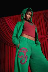 Kaia Logo Embroidered Cotton Zip Up Sweatshirt Cropped Hoodie - Viridian