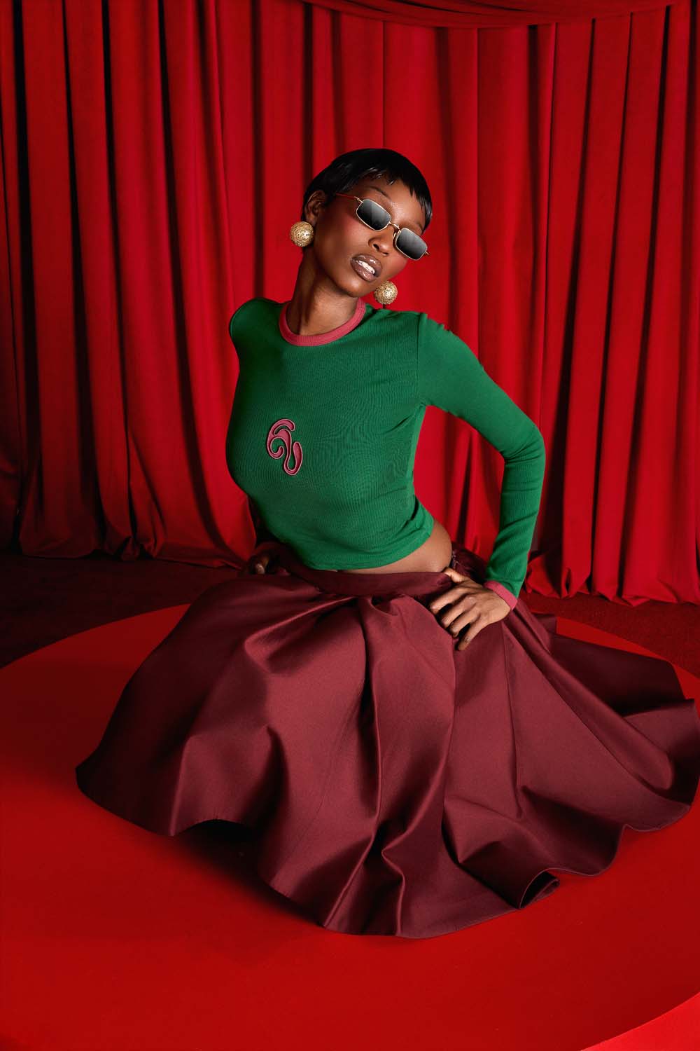 Nao Cotton Logo Embroidered Long Sleeve Top - Viridian