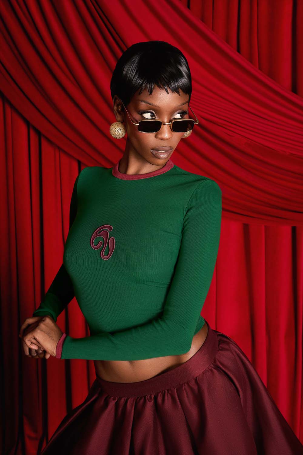 Nao Cotton Logo Embroidered Long Sleeve Top - Viridian