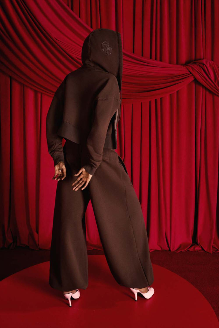 Kaia Logo Embroidered Cotton Zip Up Sweatshirt Cropped Hoodie - Espresso