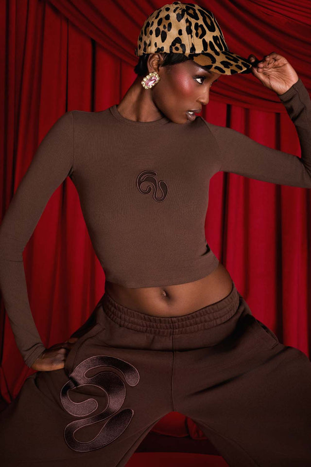 Nao Cotton Logo Embroidered Long Sleeve Top - Espresso