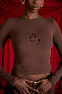 Nao Cotton Logo Embroidered Long Sleeve Top - Espresso