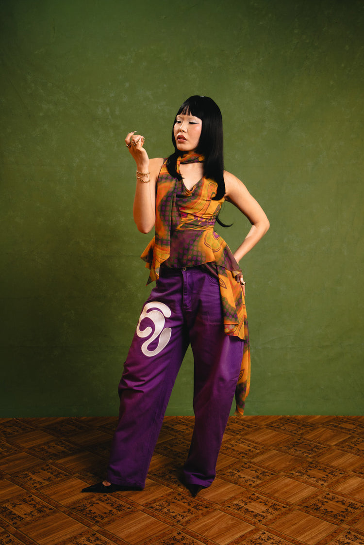 Khala Denim Barrel Leg Logo Embroidered Jeans - Purple