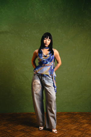 Koa Denim Barrel Leg Logo Embroidered Jeans - Light Blue