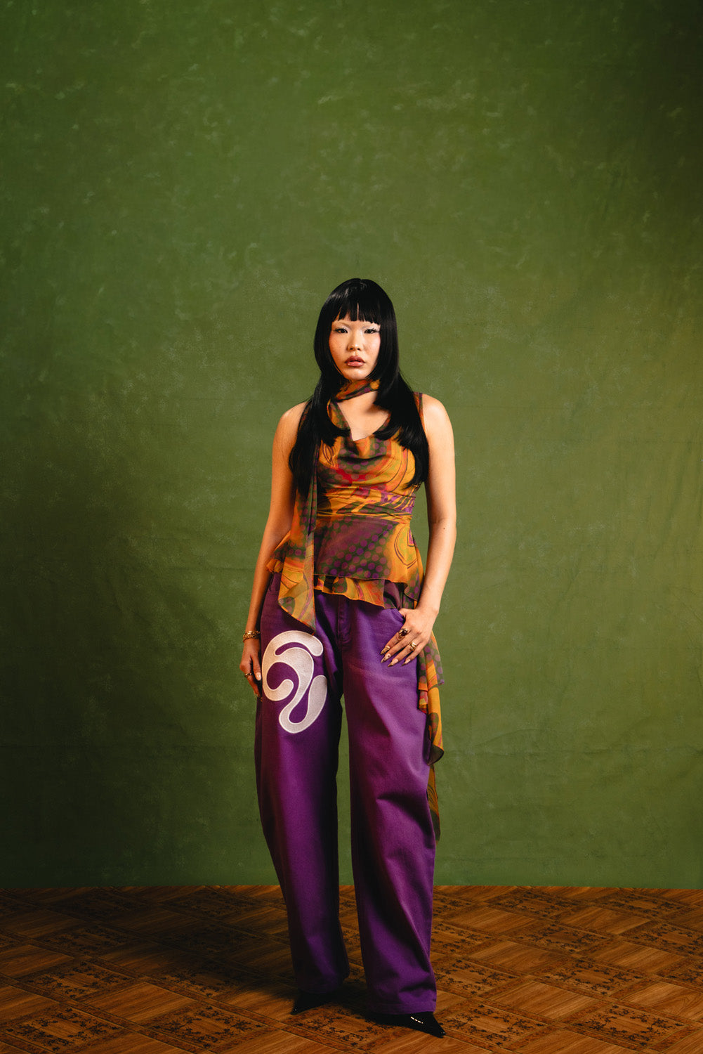 Khala Denim Barrel Leg Logo Embroidered Jeans - Purple